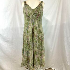 DRESSBARN Vintage 90s 100% Silk Green Paisley V Neck Midi Dress Women's 12 Fairy